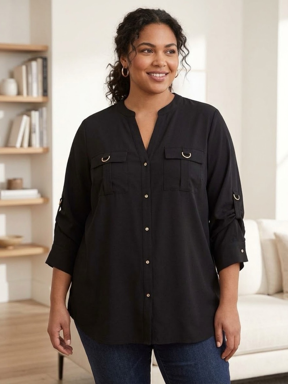Calvin Klein black utility button-front blouse 2X black